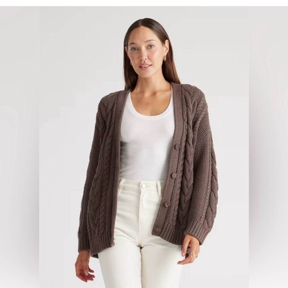 Quince Brown Cable Knit Cardigan